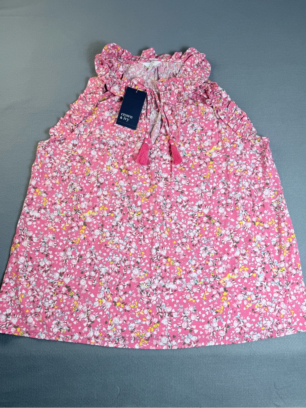 NWT Crown & Ivy Pink Floral Ruffle Tassel Blouse XL